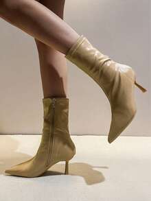 RevReaL Glossy Leather Pointed Toe Stiletto Ankle Boots Western Style Casual Leisure Cute Elegant Fairy Preppy College Business Sexy Cute Side Zipper Festival - Khaki - View 1