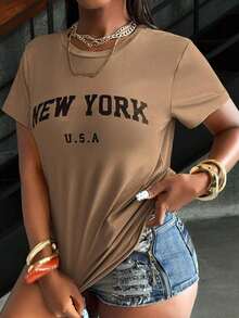 2026 Women's ClothesWomen's Simple Printed Round Neck Short Sleeve Basic T-Shirt Graphic Tees Women TopsLoose And Comfortablesummer Shirts - 摩卡棕 - 查看 3