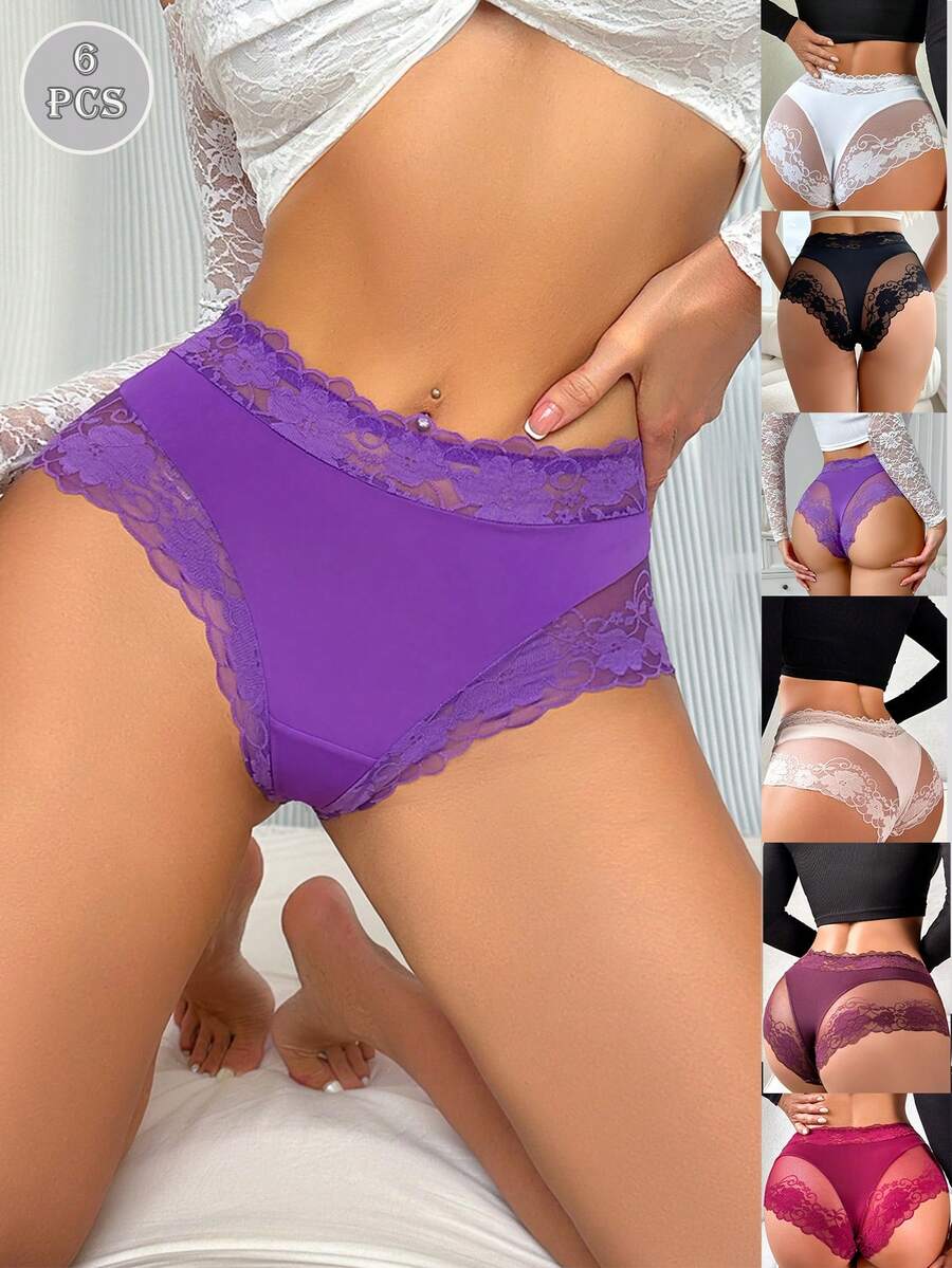 6pcs Women Lace Patchwork Casual Elegant Mid-Waist Seamless Underwear, Comfortable For Daily Wear - Multicolor - View 1