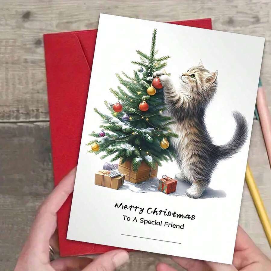 1 pieza Tarjeta de felicitación navideña australiana con sobre, 11cm X 16cm - Diseño encantador de gatos besándose con adornos festivos, ideal para amigos, familia y amantes de los gatos, tarjeta de celebración navideña conmovedora