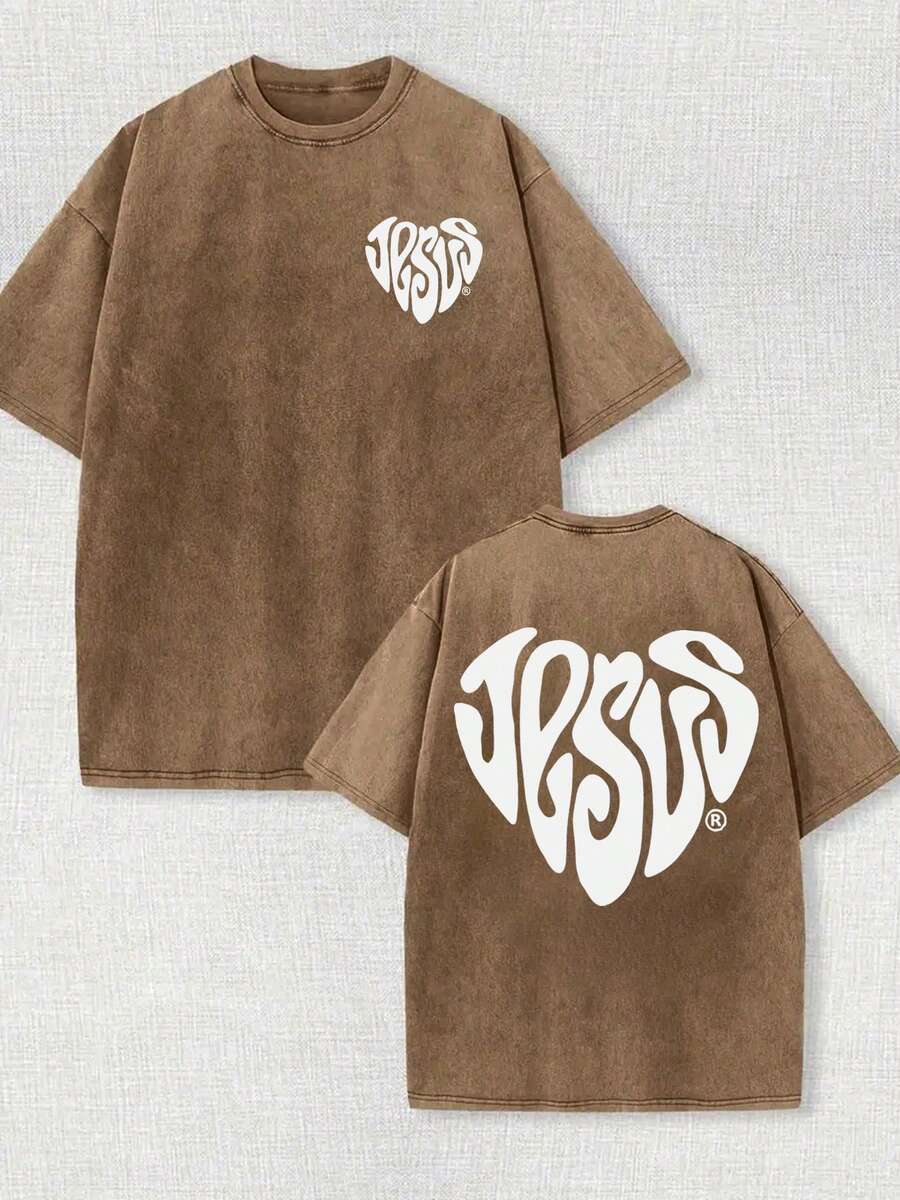 230g Double-Sided Washed, Jesus' Love Printed T-Shirt, High-Quality Wax Printed Cotton Retro Fashion Brand T-Shirt, Beach Essential, Men's Summer T-Shirt, Holiday Gift, Perfect Gift - Brown(咖啡色) - 查看 1