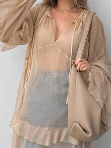 Women's Spring/Summer Long Dress Loose Fit Stylish Ruffled Trim Solid V Neck Long Sleeve Sheer Dress - 卡其色 - 查看 4