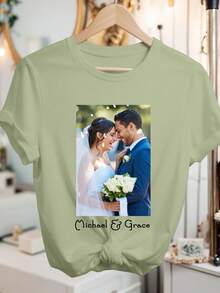 女士定制照片T恤，休闲个性，送给女友/妻子的礼物，情人节夏季礼物 - 軍綠色 - 查看 2