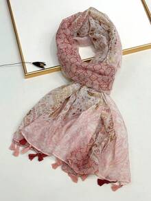 1 chiếc khăn quàng cổ in họa tiết đơn giản, khăn choàng tua rua nhẹ và thoáng khí, thiết kế thanh lịch và thời trang dành cho nữ, khăn quàng cổ lụa đa năng cho mùa xuân/hè, khăn choàng chống nắng ngoài trời đi biển, khăn trùm đầu cho trang phục - Màu Hồng baby - Xem 2