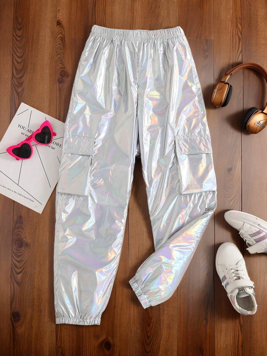 Fashionable Girls' Cargo Pants, Multifunctional And Personalized, Especially The Bright Purple Version With Flap Pockets, Suitable For Street, Music Festivals And Fashion Shows - Silver - View 1