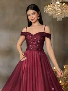 ALISA&LEO Teen Girls' Sequin A-Line Evening Gown - Off-Shoulder Sweetheart Neckline, Sheer Tulle Skirt & Fitted Sequin Bodice For Graduation Proms, Wedding Guest Outfits, Formal Dinners & Luxury Galas