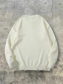 ANDREILEE 秋冬新款男女通用破洞流苏休闲宽松美式针织套头毛衣，长袖 - 杏色 - 查看 3