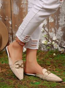 Zapatos mule de punta afilada color beige otoño 2025 para mujer, con decoración de hebilla metálica en, mocasines sin cordones, zapatos planos elegantes y versátiles sin talón