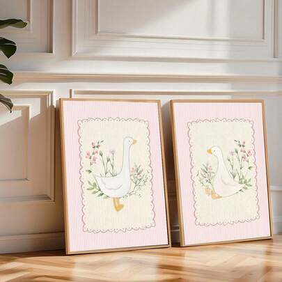 2件套无框粉色傻鹅儿童房海报帆布画，中性简约可爱农场动物图案，适合女婴房墙面装饰，也适用于托儿所、游戏室、卧室和其他现代家居装饰。