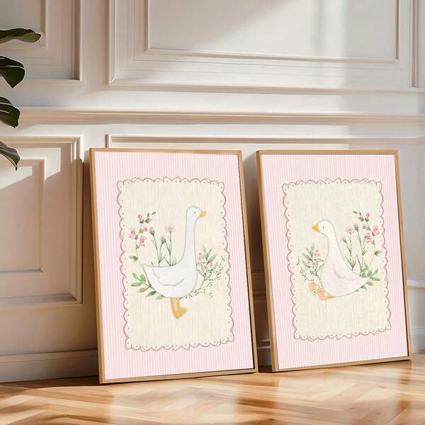 2件套无框粉色傻鹅儿童房海报帆布画，中性简约可爱农场动物图案，适合女婴房墙面装饰，也适用于托儿所、游戏室、卧室和其他现代家居装饰。