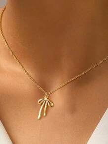 1 件金色蝴蝶结蝴蝶结吊坠锁骨链套装简约可爱时尚女孩百搭高端项链时尚简约蝴蝶结吊坠项链 - 金色 - 查看 19