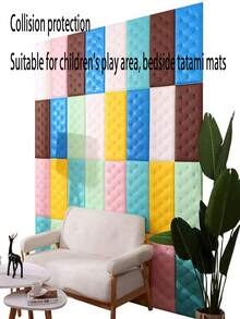 自粘式3D设计，优雅菱形图案装饰靠垫墙贴，适用于榻榻米床头板，柔软衬垫，黑白配色，适合卧室和客厅装饰，泡沫墙板，皮革包裹装饰防撞墙垫，卧室床头板墙面装饰，确保安全 - 彩色 - 查看 4