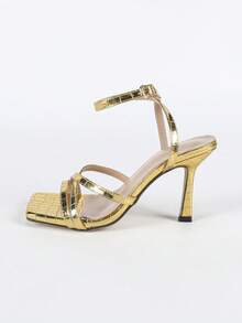 女士夏季高跟凉鞋，金色优雅女士夏季鞋，性感时尚金色高跟方头凉鞋，精致高跟新娘婚礼新娘低跟小猫跟凉鞋，女士扣环交叉带多带凉鞋，户外穿着纯色假日酒杯鞋跟纯色高端女鞋，新款夏季高跟拖鞋，户外穿着纯金色正式凉鞋，高端女士高跟鞋，时尚踝带女士高跟凉鞋（随机石纹理图案不对称） - 金色 - 查看 8