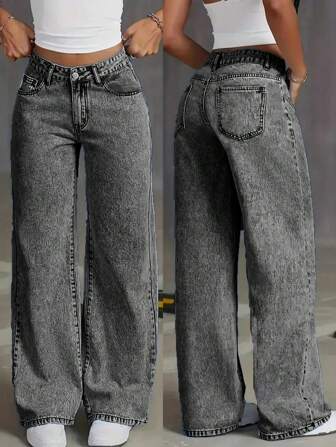 Jeans rectos con bolsillo y botones frontales, uso diario para adolescentes