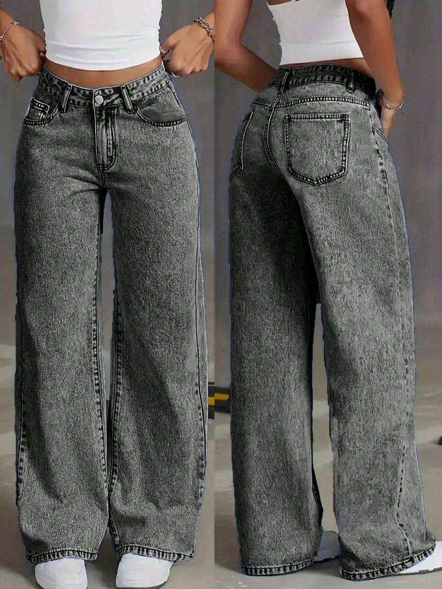 Teen Girl Casual Front Button Pocket Straight Leg Jeans, Daily Wear - Black - View 1