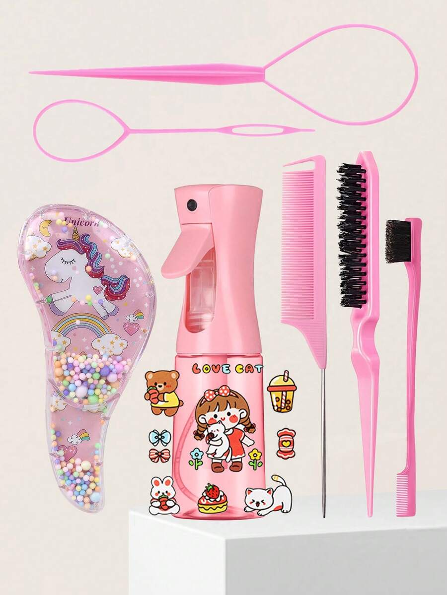 1/3/4/5/6/7/8pcs Detangling Hair Brush Set With Cute Animal Temporary Tattoos,(6.8oz/200ml)Continuous Fine Mist Water Spray Bottle For Hair,Unicorn Cartoon Detangling Brush For Adults & Girls Hair,Teasing Brush Rat Tail Comb Edge Brush For Hairstyling,Salons,Barber(Pink), Home Beauty Women Accessory Gifts, Hair Styling Kit, For Barber Salon Beauty Travel Essentials