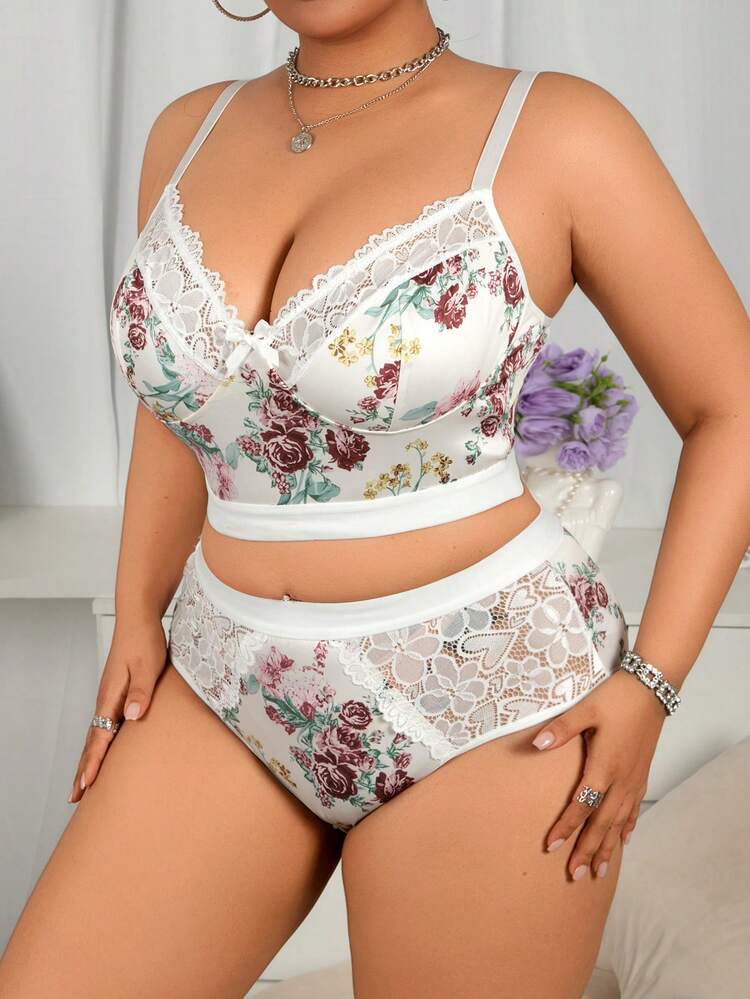 Women's White Floral Print Wireless Bra Set, Comfortable Sexy Plus Size Bra - Multicolor - View 4