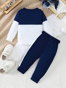 2pcs Baby Boy Casual Colorblock Long Sleeve Sweatshirt And Faux Drawstring Pants Set, Autumn