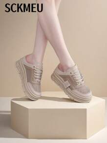 SCKMEU 1 双女式网眼拼布一脚蹬穆勒鞋，厚底，厚底，时尚百搭休闲鞋 - 卡其色 - 查看 6