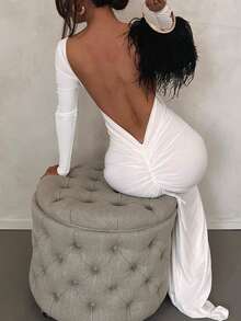 女士纯色露背褶皱修身长袖性感优雅派对假日度假春季情人节连衣裙 白色 - 白色 - 查看 3