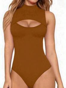 Women's Bodysuit With High Neck And Cutouts, Ideal For Summer Use - 鏽棕色 - 查看 1