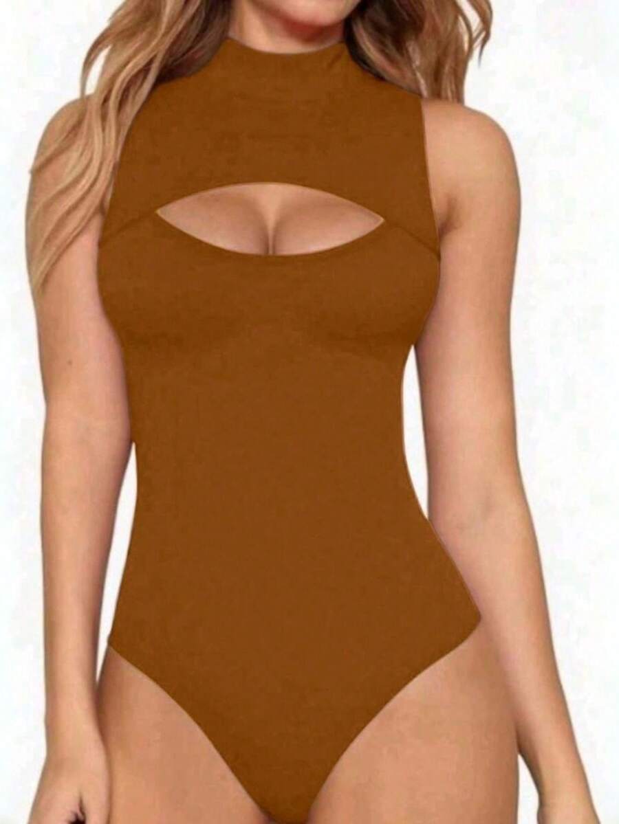 Women's Bodysuit With High Neck And Cutouts, Ideal For Summer Use - 鏽棕色 - 查看 1