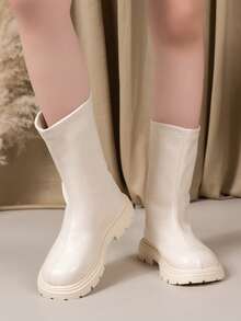 1 Pair Girls' Leather Boots, 2025 Winter New Kids Thermal Lined Mid-Calf Boots, Soft Sole, Girls' Mid-Calf Boots, For Older Kids