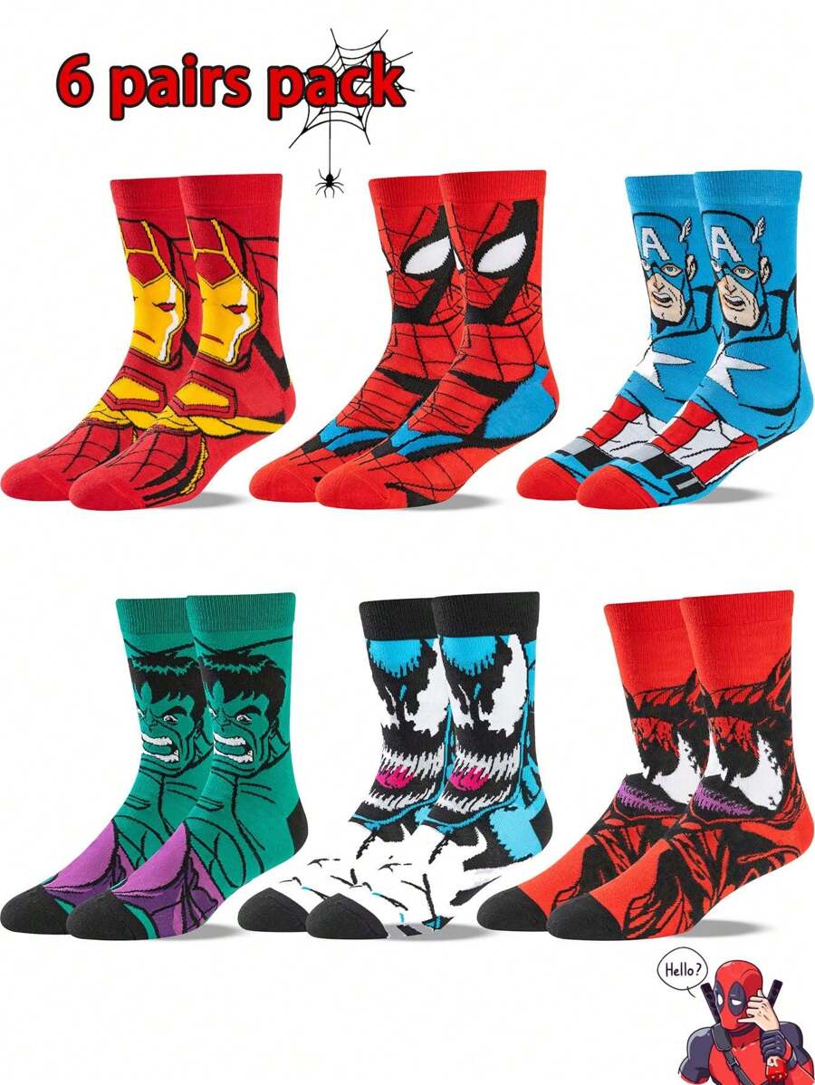6 Pairs Authentic Marvel Superhero Socks, Spider-Man, Venom, Cartoon Christmas New Year Gift Socks For Men And Women, Creative And Interesting Socks - Multicolor - View 1