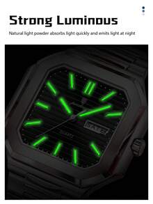 POEDAGAR Luxury Square Stainless Steel Date Day Quartz Wristwatch, Business Waterproof Luminous Men's Watch, Casual Men's Wristwatch, Suitable For Daily Occasions, Men's Birthday Gift