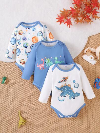 3 pezzi Tutina a maniche lunghe per neonato maschio, design carino con dinosauro e pianeta, body casual e adorabile per neonato, adatto per primavera/autunno, vestibilità regolare per uso quotidiano e all'aperto