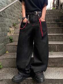 1件复古美式风格男士刺绣阔腿牛仔裤，个性化口袋，宽松休闲牛仔裤（不含腰带和配饰） - 黑色 - 查看 3