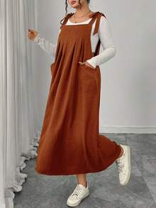 Plus Size Solid Color Thick Strap Knotted Pocket Sleeveless Summer Dress