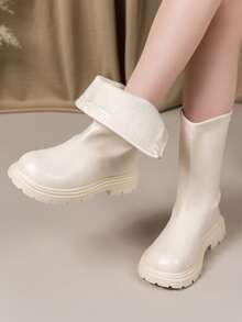 1 Pair Girls' Leather Boots, 2025 Winter New Kids Thermal Lined Mid-Calf Boots, Soft Sole, Girls' Mid-Calf Boots, For Older Kids