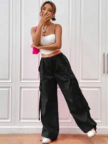 Calle Suelto Cordón Flutter Pantalones de trabajo Pantalones de pierna ancha Pantalones casuales con bolsillos de solapa Cintura baja Cordón de pierna ancha Pantalones de paracaidista - Negro - Ver 10