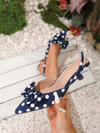 40mm Pointed Toe Elegant Black Bow High Heel Sandals For Women, Fashion Polka Dot Designer Dress Pumps With Elastic Back Strap For Comfortable Fit, Suggested To Order One Size Up For Wide Feet