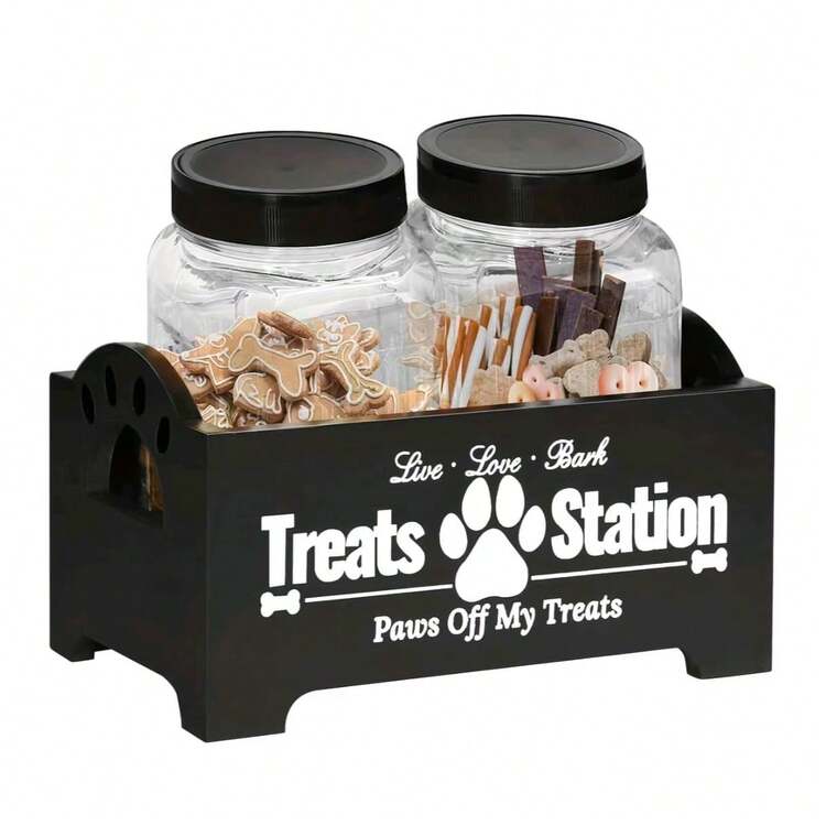 Farmhouse Storage Container - Wooden Organizer With 2 Plastic Jars - Stylish Black Design For Convenient Storage(Random Can Shape And Cans May Have Light Atscrches) - Multicolor - View 3