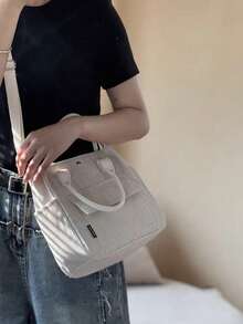 原创灯芯绒多口袋手提包/单肩包，简约多功能学生午餐包，大容量，拉链封口，休闲手提包，复古灯芯绒单肩包，大容量手提包，简约多功能学生背包，午餐包 - 彩色 - 查看 6