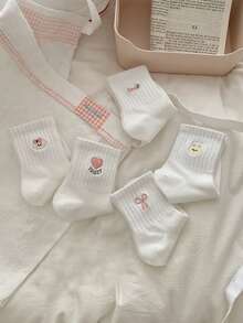 5双装儿童白色蝴蝶结、兔子、花卉蕾丝弹力中筒袜，春夏款 - 彩色 - 查看 3