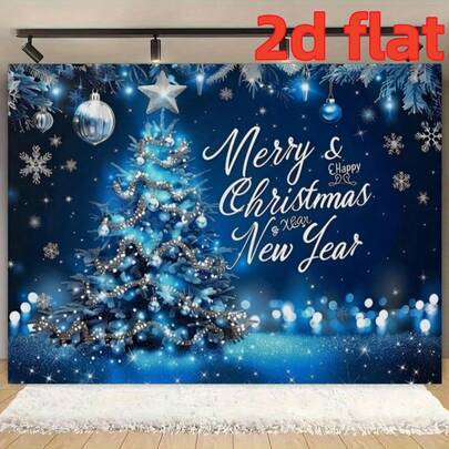1. A 2D Flat "Happy Christmas" Background Banner, Featuring A Winter Blue Background, A Magical Fairyland-Like Snow Christmas Tree, And The Pattern Of "Merry Christmas, Happy New Year" - A Polyester Material Banner, Available In Various Sizes