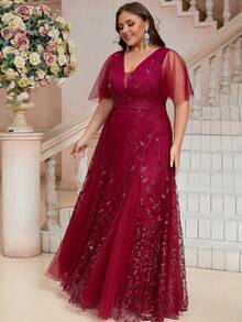 女士加大码优雅亮片叶图案拼布网眼拉链优雅成熟保守派对浪漫网眼领带晚会礼服，适合婚礼、派对、生日、周年纪念、毕业典礼、节日、鸡尾酒会、正式晚宴、春夏秋冬 - 酒紅色 - 查看 3