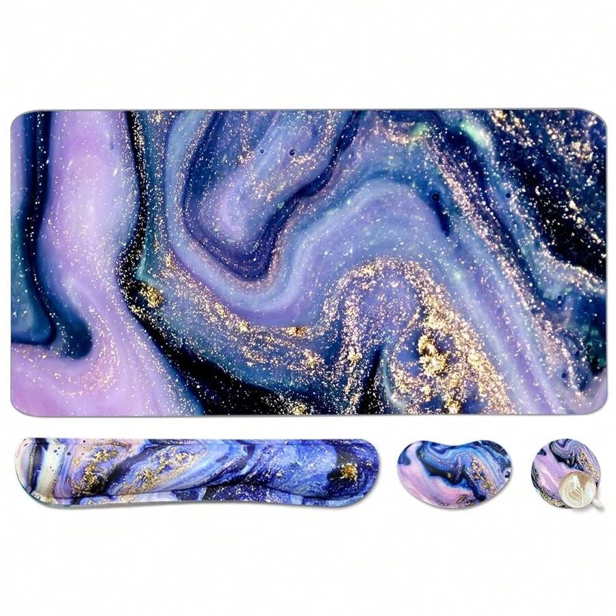 Large Keyboard Mouse Pad Set, Extended Mouse Pad+Keyboard Wrist Rest Support, Memory Foam Ergonomic Easy Typing, 4Pcs (35.4*15.9 In) Desk Pad Set For Home Office Study Game - Colorful-671326 - PurpleMarble - View 1
