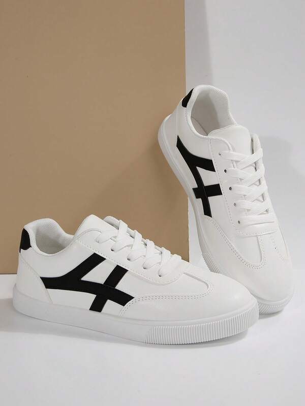 Zapatos deportivos casuales de mujer para primavera/otoño con puntera redonda, zapatillas rosas con parches geométricos y rayas, zapatos casuales cómodos y suaves, zapatos de skateboard, tenis blancos