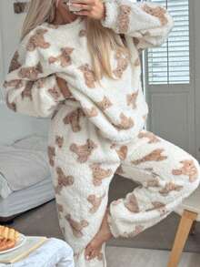 Nina Bonheur 2pcs Women Cozy Fleece Printed Top And Casual Pants Lounge Set, Cute Loungewear, Winter Clothes, Fluffy - White - View 2