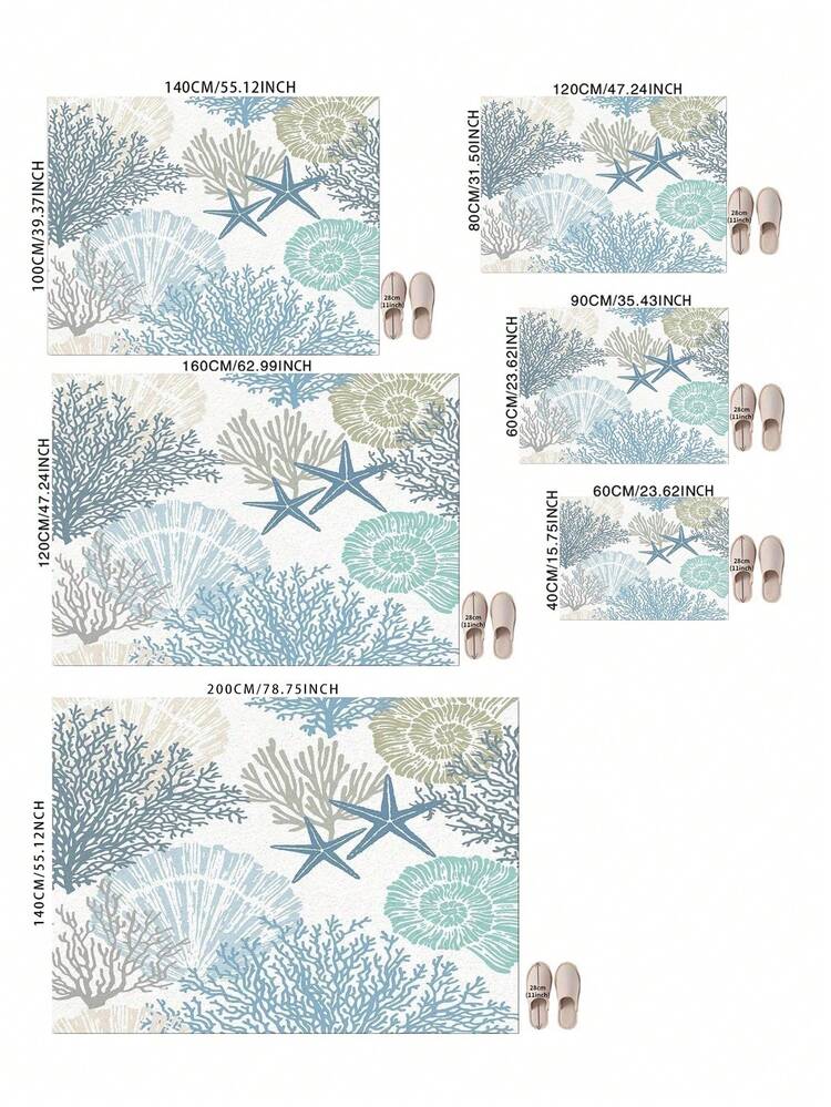 1pc Blue Coral Pattern Carpet, Coastal Nautical Rectangle Indoor Area Rug, Fall Decor Starfish & Shell Ocean Theme Carpet, Bedroom Rug, Ideal Gift For Family & Friends, Living Room Rug, Floor Mat, Living Room Decor, Washable Back To School Entryway Decor Bathroom Kitchen Decor - Multicolor - View 7