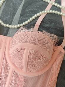 Lace Bustier Corset | Mesh Insert Spaghetti Straps Slim Fit Top - Pink - View 7