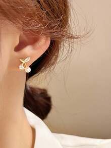 1 Pair Cherry Stud Earrings - Rhinestone & Faux Pearl Floral Design, Dainty Women's Jewelry For Daily Wear & Special Occasions - Vàng - Xem 3