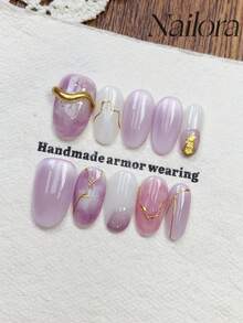 10片手工椭圆形美甲片，人造按压式美甲，适合短款和中款指甲，简约紫色、白色晕染渐变美甲，闪亮猫眼，闪粉金箔，手绘金属不对称线条，简约优雅奢华秋季美甲，极简美学秋季按压式美甲，多功能美甲DIY假指甲，适合派对、日常、约会、工作场合，可重复使用，送给女性和女孩的礼物，美甲用品 - 紫色 - 查看 3