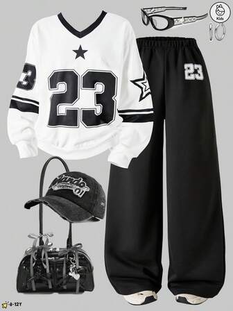 2pcs Women Casual Sports Set, Including 1pc V-Neck Long Sleeve Digital Stripe Activewear Top And 1pc Black Straight Pants, Suitable For Children And Girls To Wear Casually, Outdoors, Campus Activities And Gatherings In Autumn/Winter