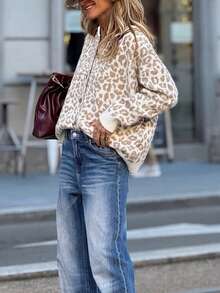 2025 Autumn/Winter New Women Casual Commuter Leopard Print Knitted Button Cardigan, Daily Autumn/Winter Long Sleeve Sweater - Apricot - View 5