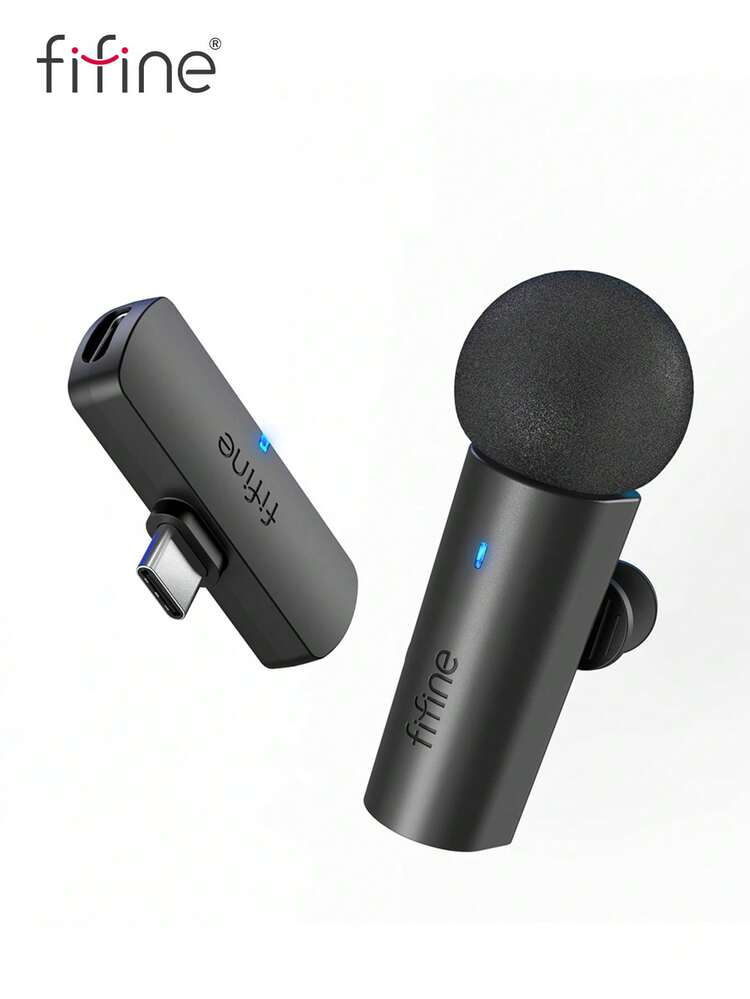 无线领夹式麦克风兼容 Iphone15（USB C）/Android 手机/平板电脑，2.4GHz 无线电容麦克风，即插即用无线 Type-C 麦克风视频/音频录制，领夹式麦克风适用于视频录制、教学、采访、播客、Vlog-FIFINE M6 - 黑色 - 查看 1